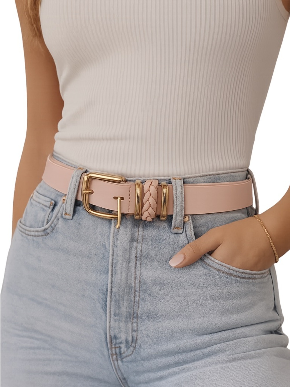 Blush Pink Leather Belt Gold Buckle Braided Accent Women’s Medium Chic IP Blue